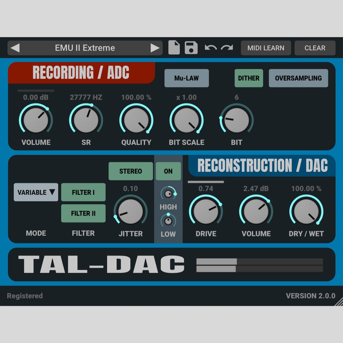 TAL SOFTWARE TAL DAC Bit Crusher Audio Plug-in