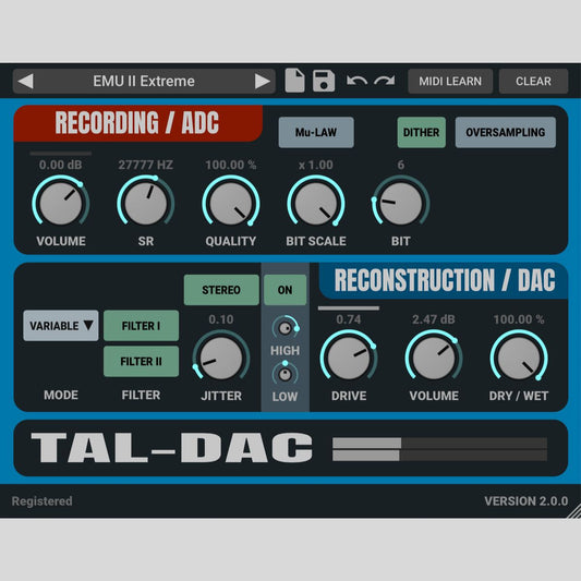 TAL SOFTWARE TAL DAC Bit Crusher Audio Plug-in